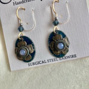 Handcrafted Vintage Teal Floral Drop Earrings with Blue Cabochon